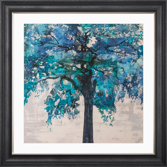 Solo Blue Tree with Silver Foil Embellishment - with White Mount Framed Wall Art