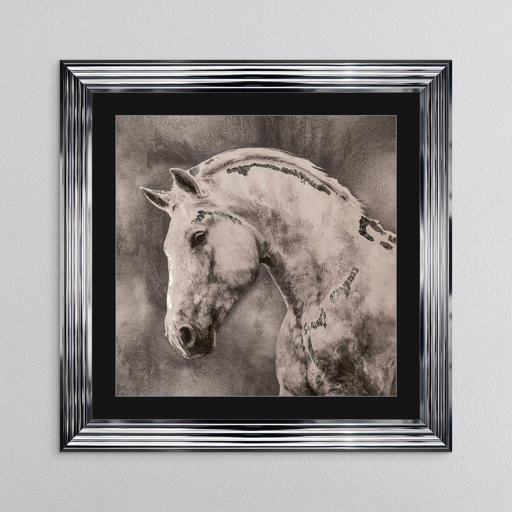 White Stallion with Silver Foil Embellishment - with Black Mount Framed Wall Art