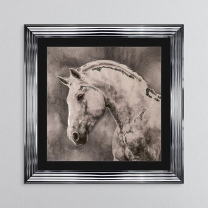 White Stallion with Silver Foil Embellishment - with Black Mount Framed Wall Art