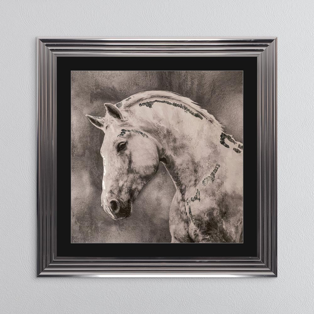 White Stallion with Silver Foil Embellishment - with Black Mount Framed Wall Art