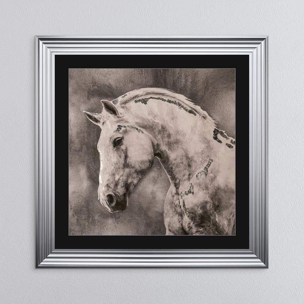 White Stallion with Silver Foil Embellishment - with Black Mount Framed Wall Art