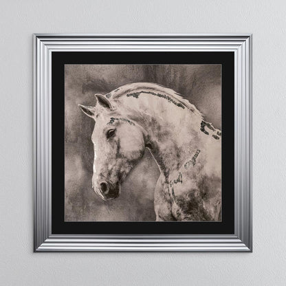 White Stallion with Silver Foil Embellishment - with Black Mount Framed Wall Art