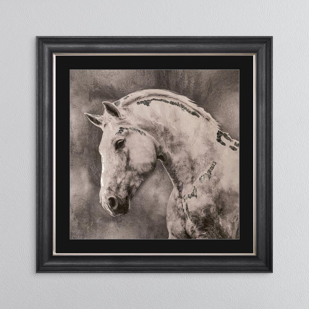 White Stallion with Silver Foil Embellishment - with Black Mount Framed Wall Art