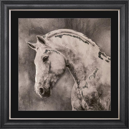 White Stallion with Silver Foil Embellishment - with Black Mount Framed Wall Art