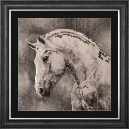 White Stallion with Silver Foil Embellishment - with Black Mount Framed Wall Art