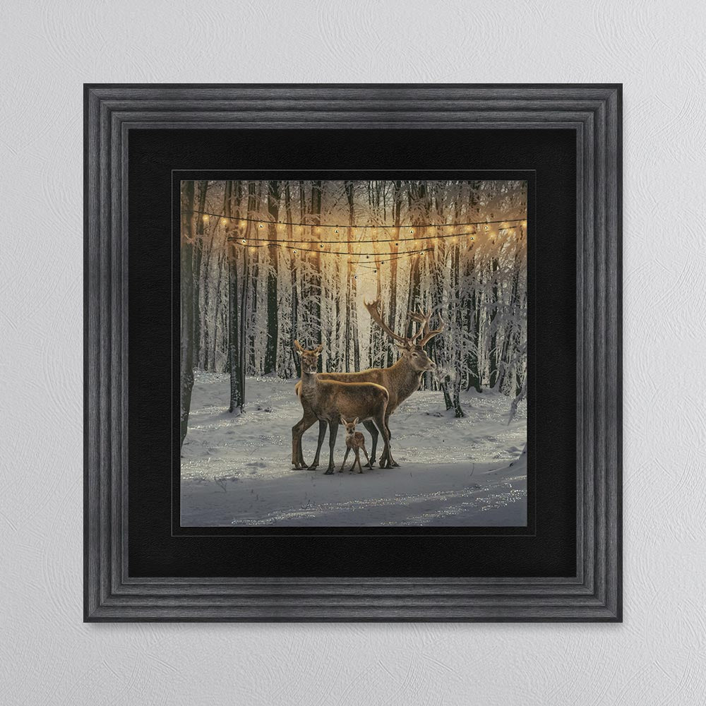 Winter Deer With One Fawn with Black Mount Framed Wall Art