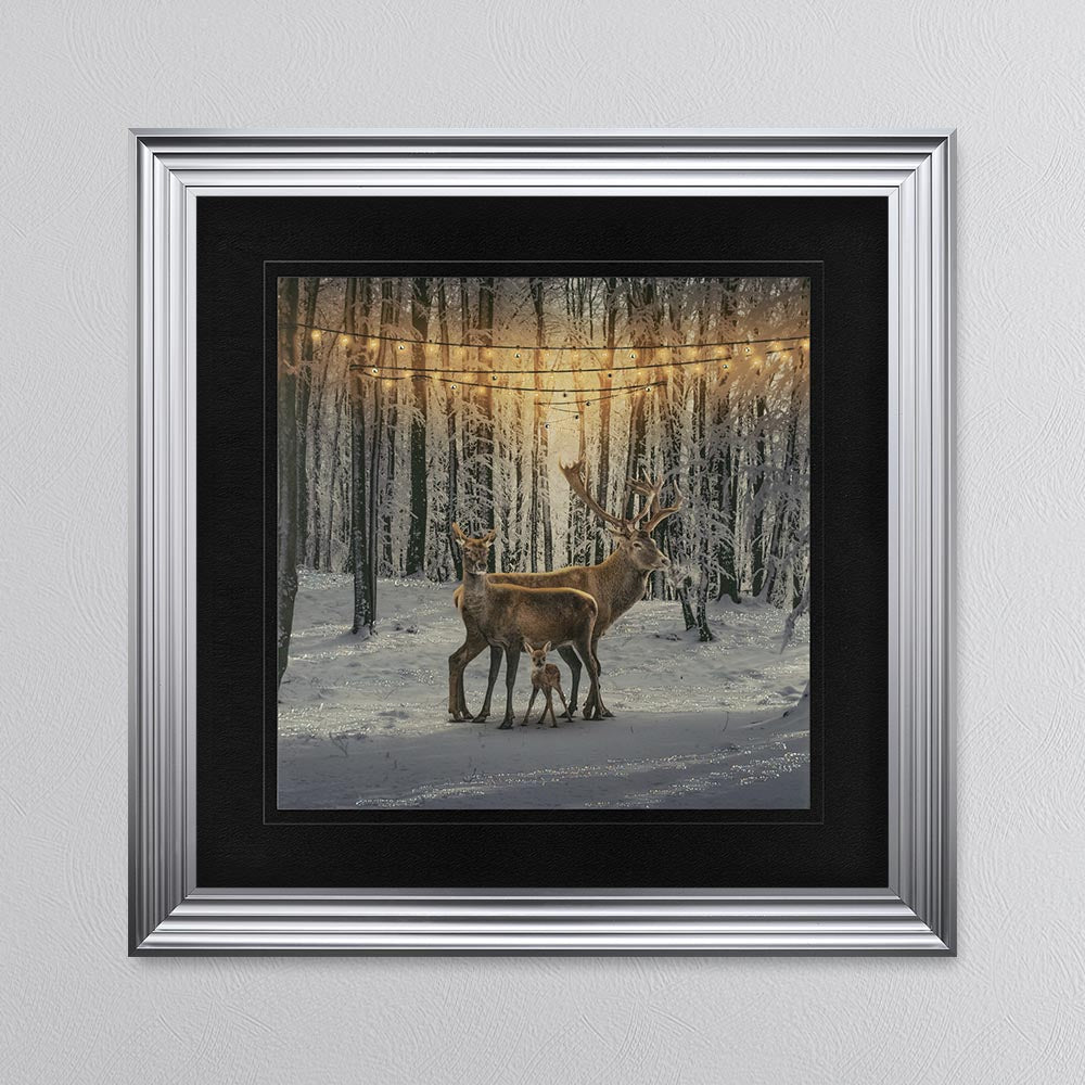 Winter Deer With One Fawn with Black Mount Framed Wall Art