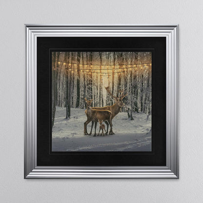 Winter Deer With One Fawn with Black Mount Framed Wall Art