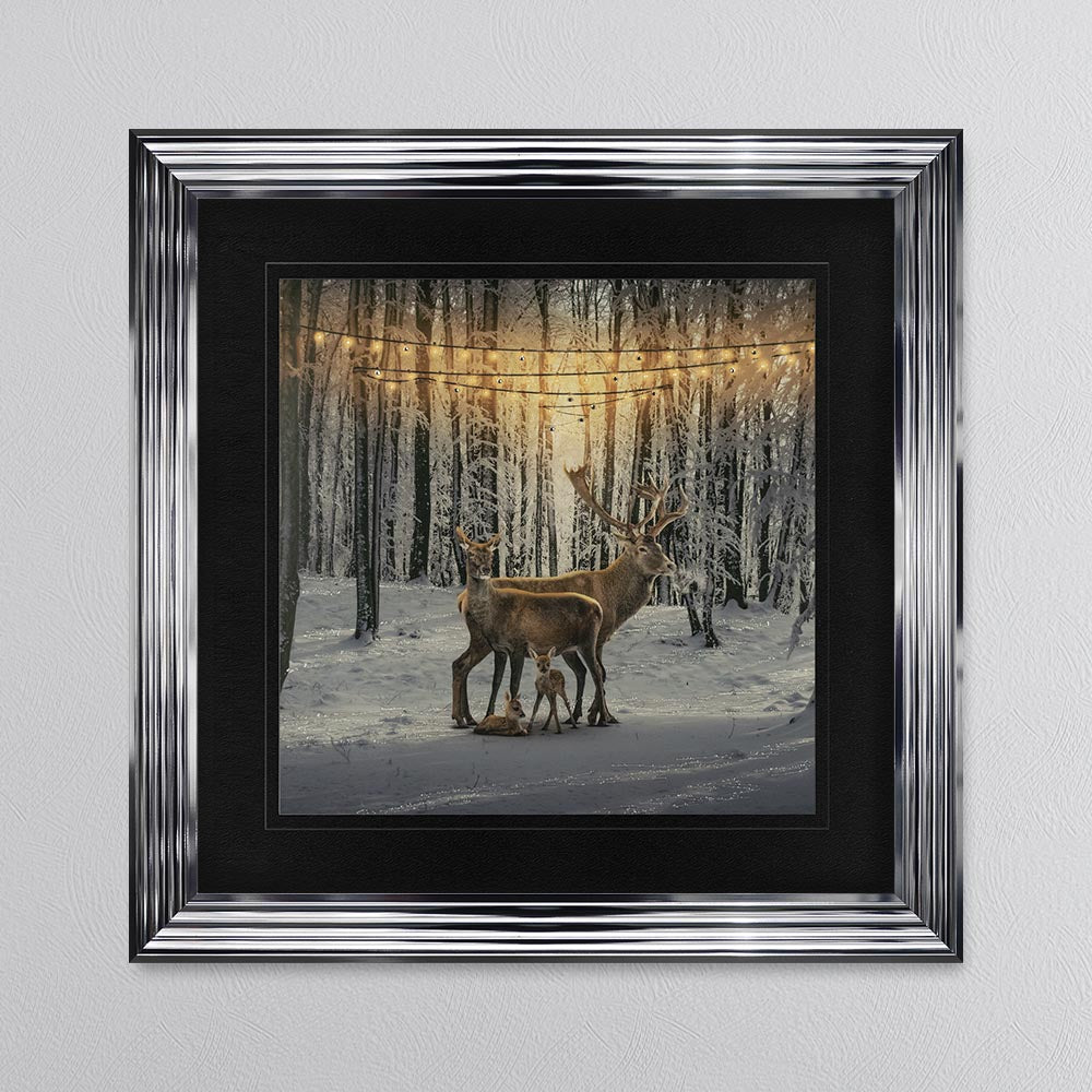 Winter Deer With Two Fawns with Black Mount Framed Wall Art