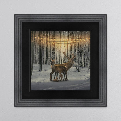 Winter Deer With Two Fawns with Black Mount Framed Wall Art