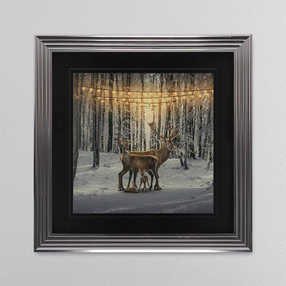 Winter Deer With Two Fawns with Black Mount Framed Wall Art