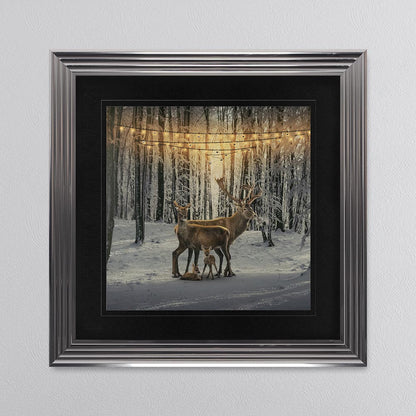Winter Deer With Two Fawns with Black Mount Framed Wall Art