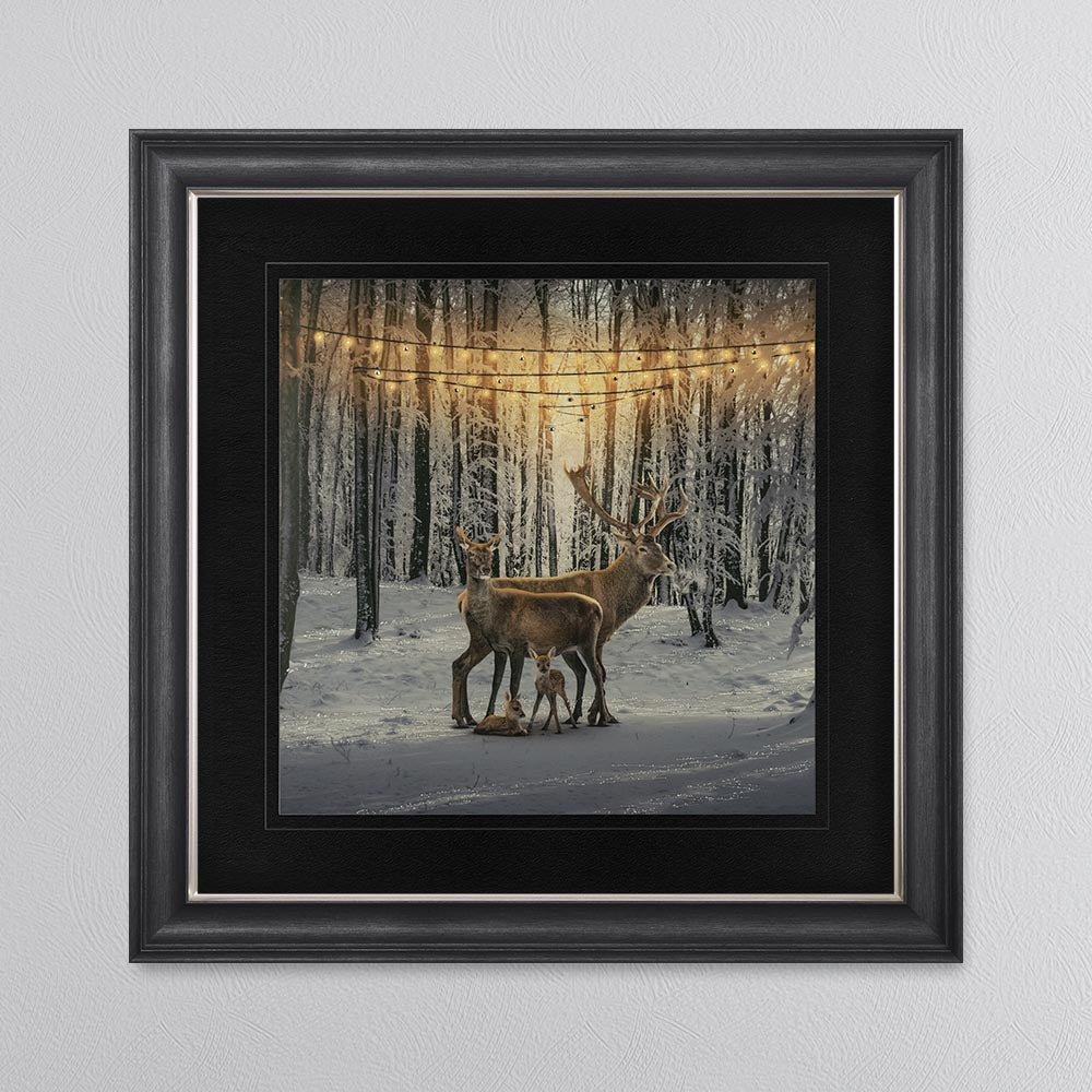Winter Deer With Two Fawns with Black Mount Framed Wall Art