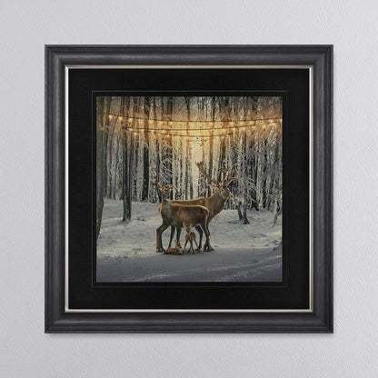 Winter Deer With Two Fawns with Black Mount Framed Wall Art