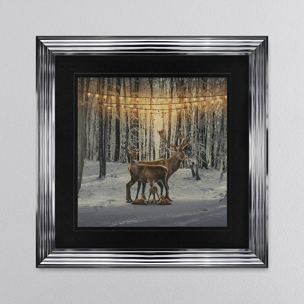 Winter Deer With Three Fawns with Black Mount Framed Wall Art