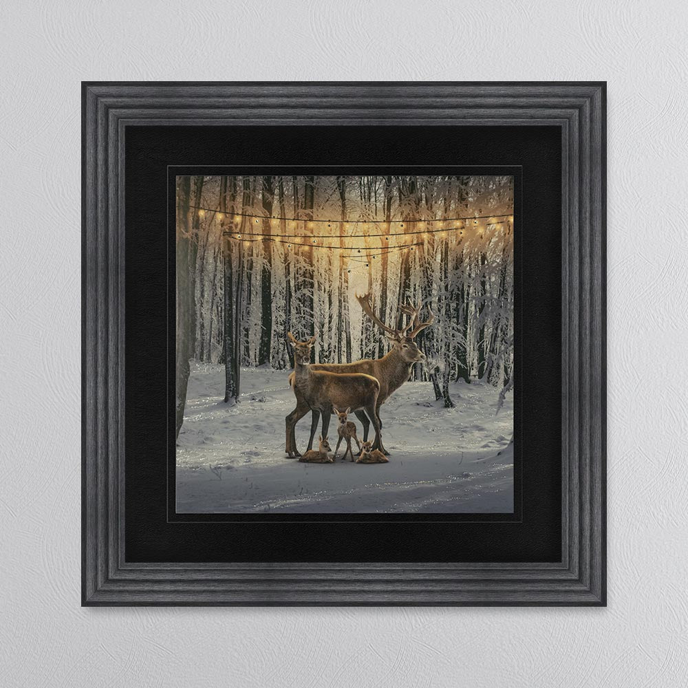 Winter Deer With Three Fawns with Black Mount Framed Wall Art