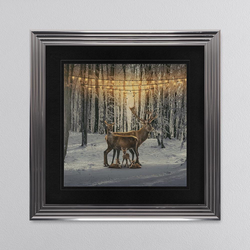 Winter Deer With Three Fawns with Black Mount Framed Wall Art