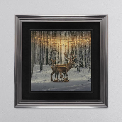 Winter Deer With Three Fawns with Black Mount Framed Wall Art