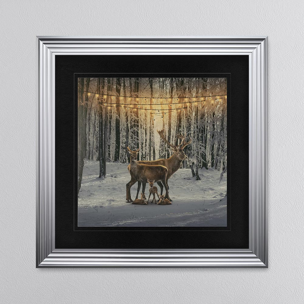 Winter Deer With Three Fawns with Black Mount Framed Wall Art