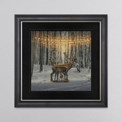Winter Deer With Three Fawns with Black Mount Framed Wall Art