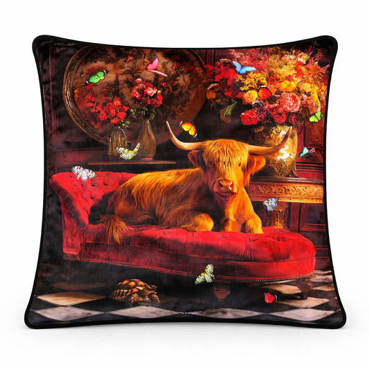Stately Home Curiosity Highland Cow Velvet Cushion - 60 x 60