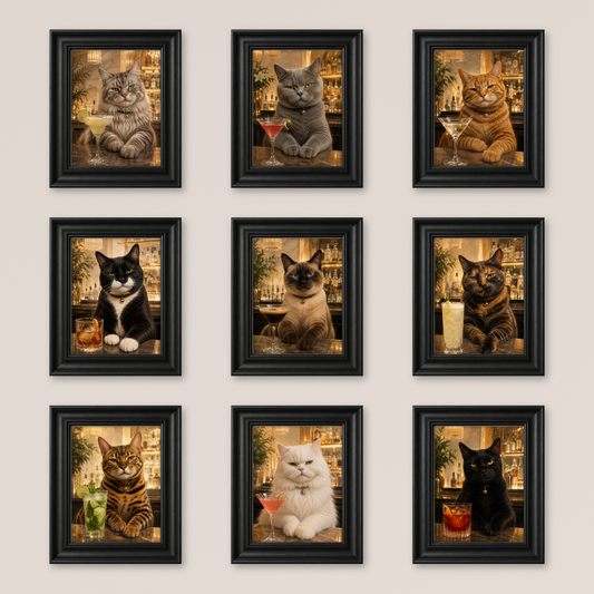 OFFER - Cocktail Cats - Set of 9 Framed Wall Art