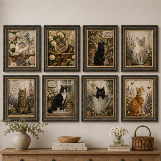 OFFER - Garden Cats - Set of 8 Framed Wall Art