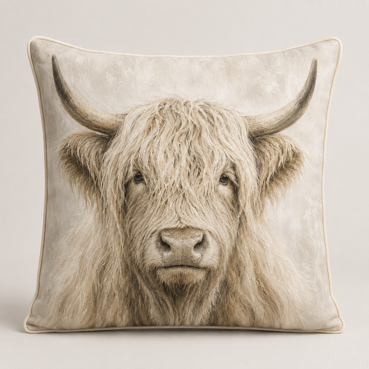 Neutral Highland Cow Velvet Cushion - 60 x 60