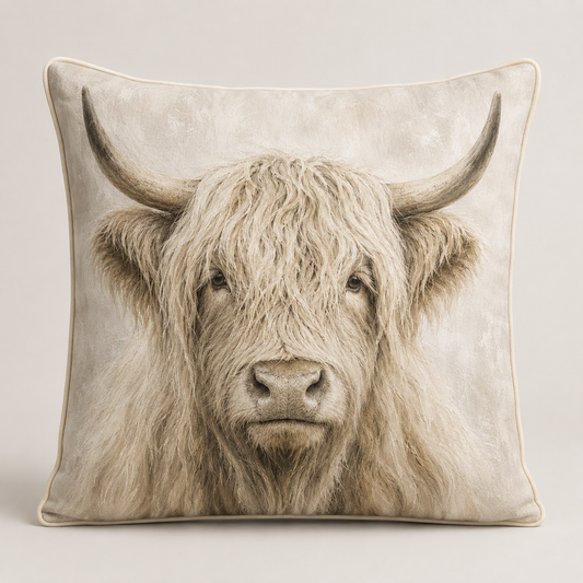 Neutral Highland Cow Velvet Cushion - 60 x 60