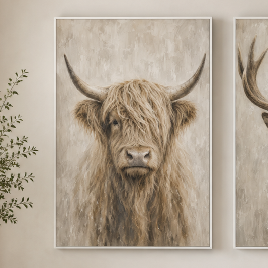 Neutral Highland Cow Framed Canvas Art