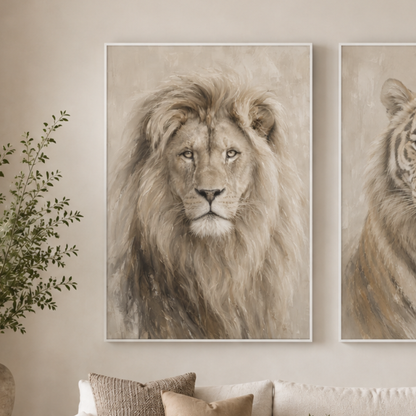 Neutral Lion Framed Canvas Art